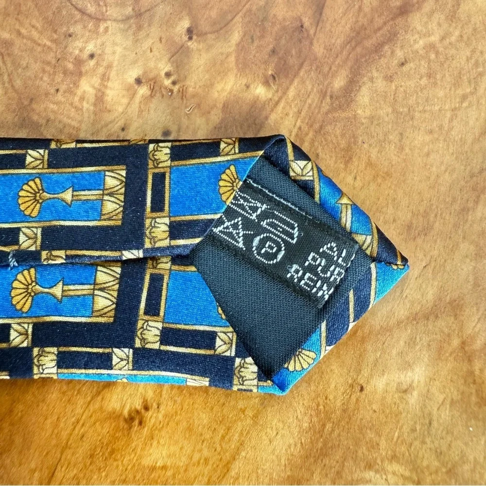 Lanvin Vintage 90s Black Blue and Gold Silk 4” x 56” Tie